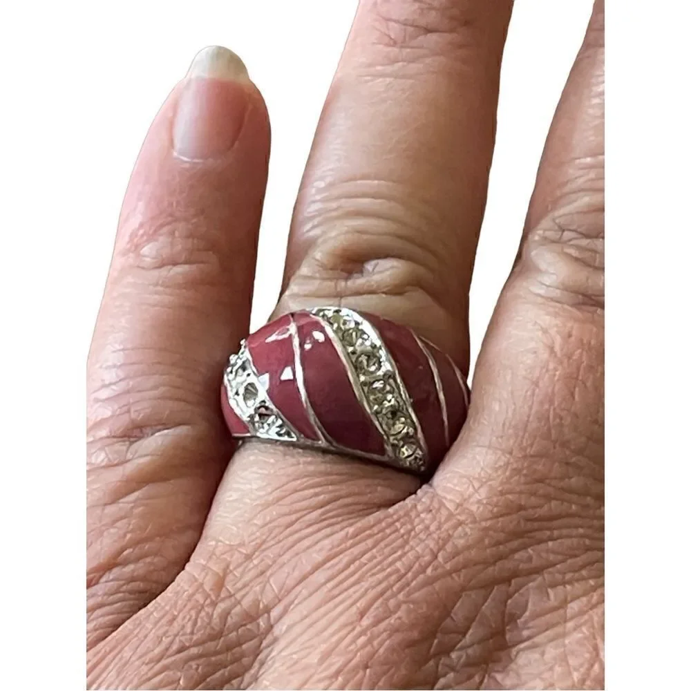 NWOT dark red enamel rhinestone silver tone ring US size 8